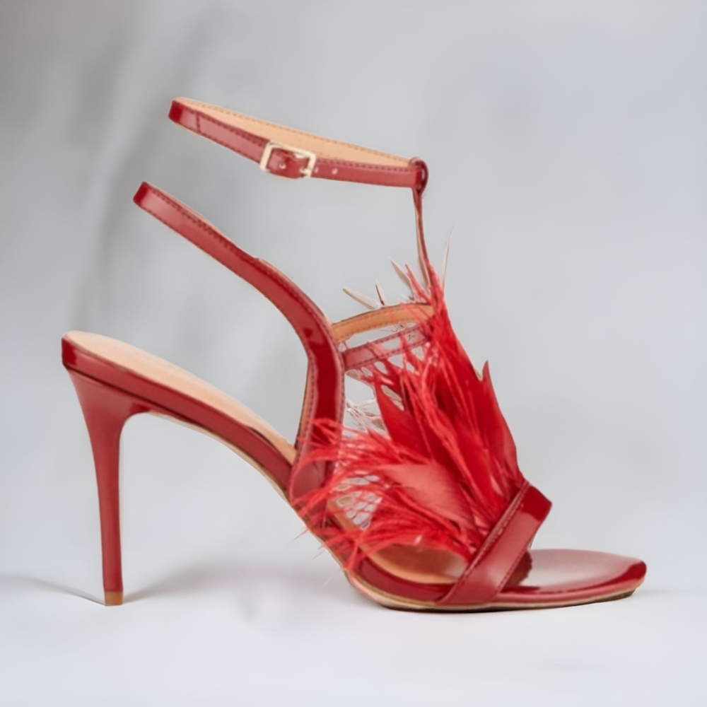 Halston Heritage Tasha Red Patent Leather Feather Heeled Cage Sandals
